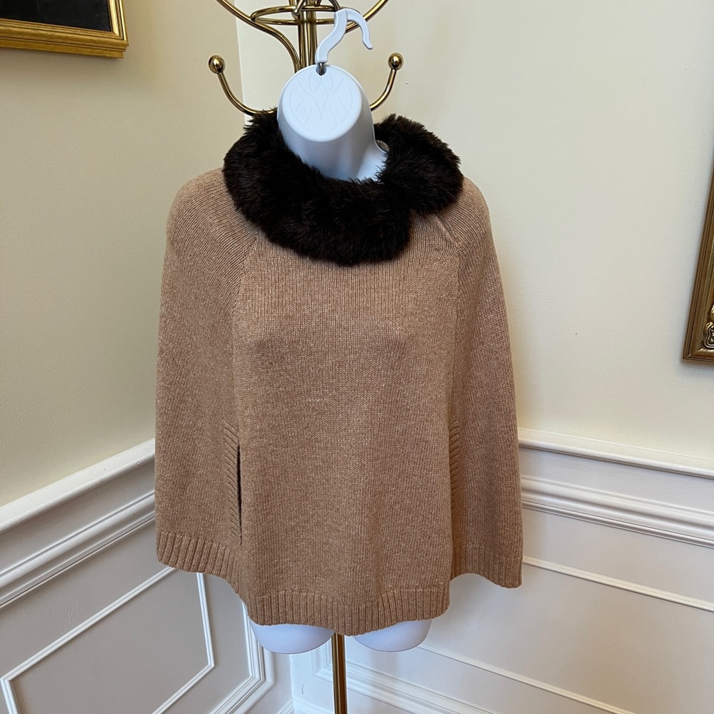 NWT Lands End Faux Fur Removeable Collar Cape Poncho Sweater